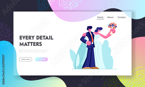 Happy Bridal Couple Outside Wedding Ceremony. Man and Woman Getting Married. Bride in White Dress Holding Hands with Groom. Website Landing Page, Web Page. Cartoon Flat Vector Illustration, Banner