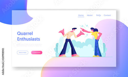 Aggressive Man and Woman Quarrel and Swear Yell on each other. Husband and Wife Scandal. Relations, Angry People Fighting. Website Landing Page, Web Page. Cartoon Flat Vector Illustration, Banner