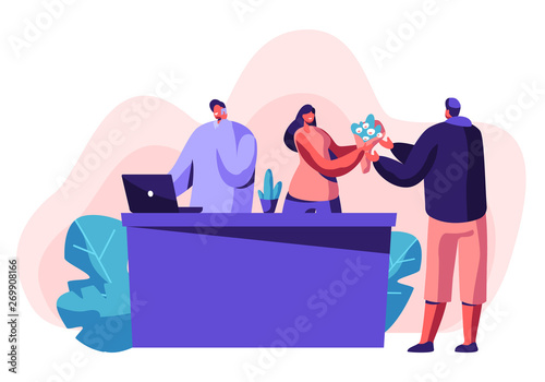 Young Man Buying Bouquet in Flower Shop. Saleswoman Giving Blossoms to Customer Visiting Floristic Store for Choosing and Buying Present, Florist Profession, Job. Cartoon Flat Vector Illustration