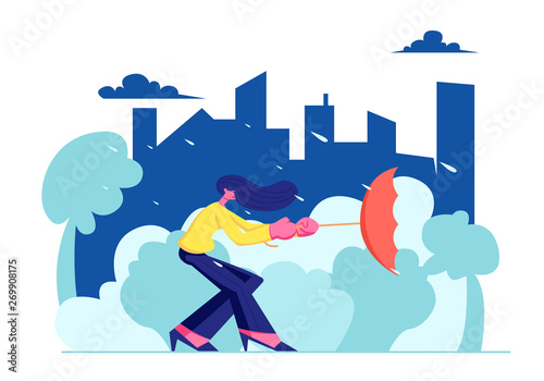 Woman City Dweller Holding Umbrella Turned Inside Out in Strong Wind with Rain on Urban View Landscape Background. Spring, Autumn Rainy Season, Meteorology, Storm. Cartoon Flat Vector Illustration