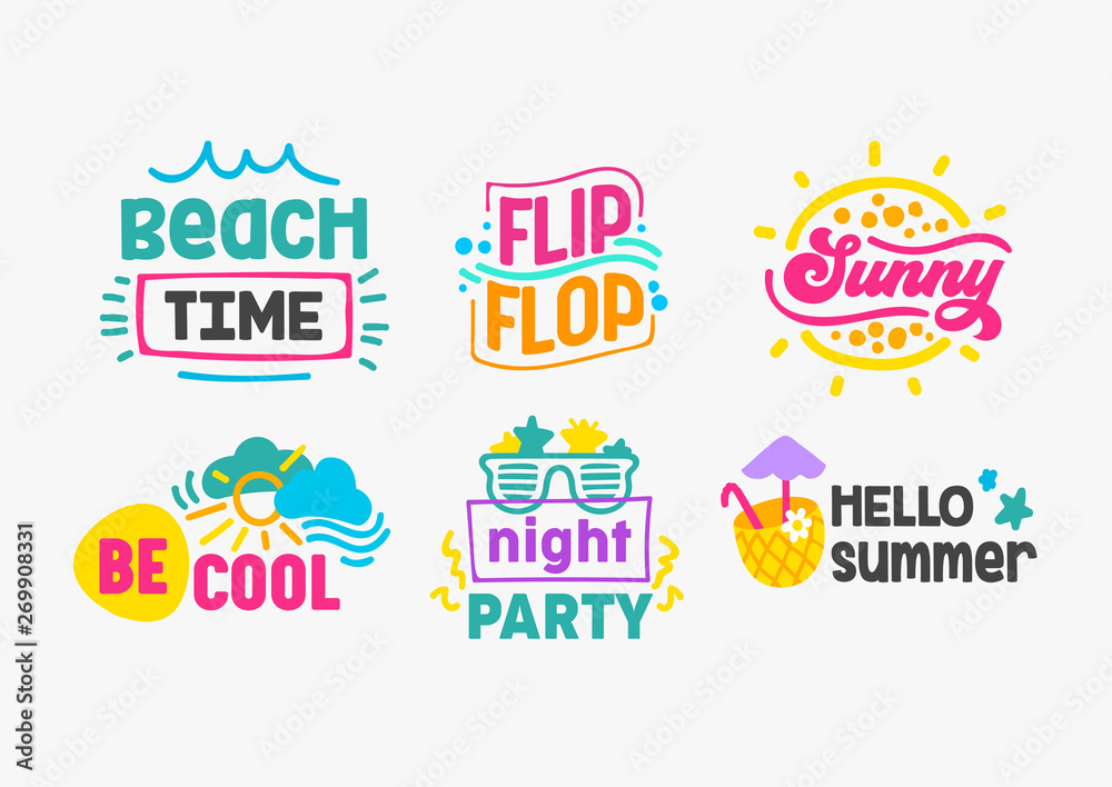 Hello Summer Holidays Labels and Badges with Typography Set. Templates for Greeting Cards, Posters and T-shirts Design. Beach Time, Flip Flop, Sunny, Be Cool, Night Party, Cartoon Vector Illustration