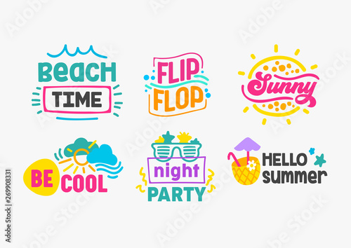 Hello Summer Holidays Labels and Badges with Typography Set. Templates for Greeting Cards, Posters and T-shirts Design. Beach Time, Flip Flop, Sunny, Be Cool, Night Party, Cartoon Vector Illustration