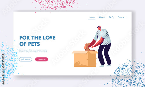 Love and Relations with Animals, People and Pets. Happy Cheerful Man Find Little Puppy in Cardboard Box, Taking him on Hands, Website Landing Page, Web Page. Cartoon Flat Vector Illustration, Banner