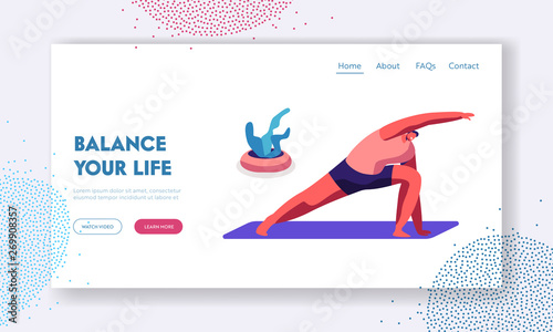 Sportsman Practicing Yoga Lesson, Man Doing Lunge with Hands Up Exercise, Triangle Asana Healthy Lifestyle, Sport Class in Gym Website Landing Page, Web Page. Cartoon Flat Vector Illustration, Banner