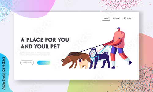 Man Spend Time with Pet Outdoors. Male Character Walking with Dogs Team, Relax, Leisure, Communication, Love, Care of Animals. Website Landing Page, Web Page. Cartoon Flat Vector Illustration, Banner
