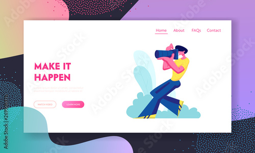 Event or Wedding Photographer Holding Photo Camera and Photographing. Creative Profession or Occupation, Man Take Photo Shot. Website Landing Page, Web Page. Cartoon Flat Vector Illustration, Banner