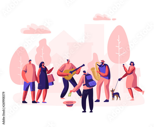Street Musicians Perform Outdoor Show. Guitarist and Saxophonist Playing Music in Park, People Watching Concert, Put Money in Hat, Photographing Musical Performance. Cartoon Flat Vector Illustration