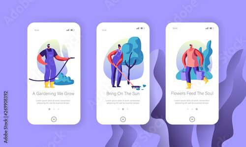 Characters Caring of Plants, Growing, Planting, Trees in Garden Concept for Website or Web Page, Gardening People Watering, Racking Mobile App Page Onboard Screen Set Cartoon Flat Vector Illustration