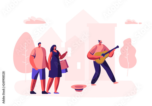 Hipster Musician Performing Outdoor Show on City Street Playing Guitar for Pedestrians. Talented Man Play Melody in Park, People Watching Concert, Musical Performance. Cartoon Flat Vector Illustration