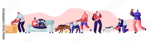 People Spending Time with Pets at Home and Outdoors. Male and Female Characters Walking with Dogs, Relaxing with Cats, Leisure, Communication Love, Care of Animals. Cartoon Flat Vector Illustration