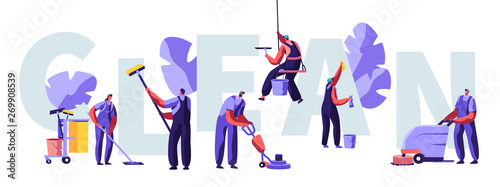 Service of Professional Cleaners Work Concept. Characters in Uniform with Cleaning Equipment, Mopping, Vacuuming Floor, Rub, Sweeping Poster, Banner, Flyer, Brochure. Cartoon Flat Vector Illustration