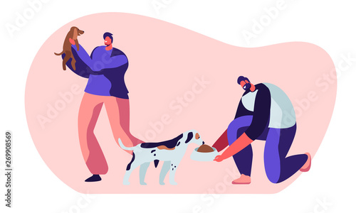 Happy People with Dogs, Feeding, Playing with Puppy. Male Characters Spend Time with Domestic Animals, Caring of them. Friendship, Lifestyle, Leisure with Friends Cartoon Flat Vector Illustration