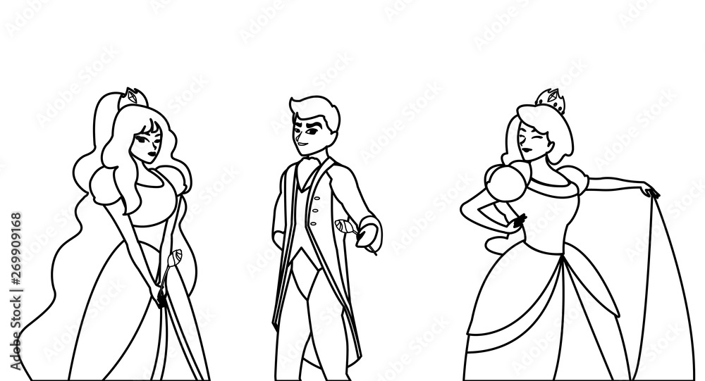 Fototapeta premium prince charming and two princess of tales characters