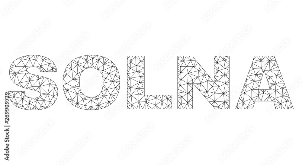 Mesh vector SOLNA text label. Abstract lines and circle dots are organized into SOLNA black carcass symbols. Linear carcass flat triangular mesh in vector format. Mesh vector SOLNA text label. Abstract lines and circle dots are organized into SOLNA black carcass symbols. Linear carcass flat triangular mesh in vector format.