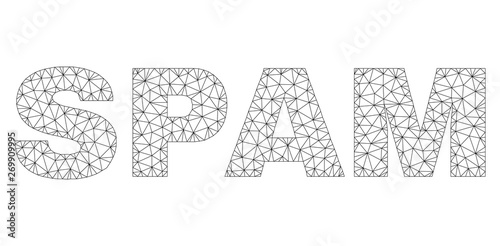 Mesh vector SPAM text. Abstract lines and spheric points form SPAM black carcass symbols. Wire carcass 2D triangular mesh in vector EPS format.