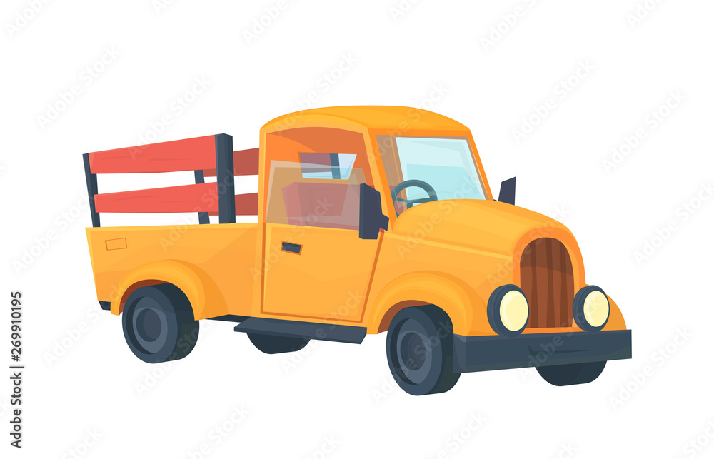 Old retro farm truck isolated on white. Illustration isolated on white. Vector cartoon style.