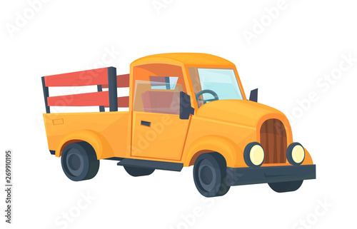 Old retro farm truck isolated on white. Illustration isolated on white. Vector cartoon style.