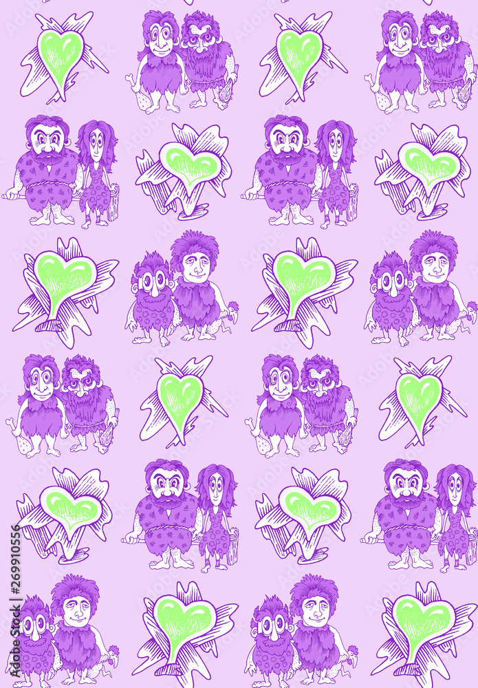 Obraz premium Seamless pattern. Design print for textile, fabric, wallpaper, background. Can be used for printing on paper, in packaging. Family in a primitive society. The relationship of ancient people.