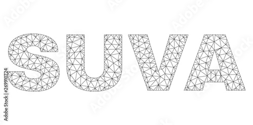 Mesh vector SUVA text. Abstract lines and spheric points form SUVA black carcass symbols. Linear frame 2D polygonal mesh in eps vector format.