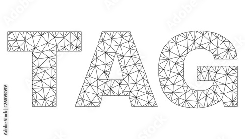 Mesh vector TAG text label. Abstract lines and circle dots are organized into TAG black carcass symbols. Linear carcass 2D polygonal mesh in vector format.