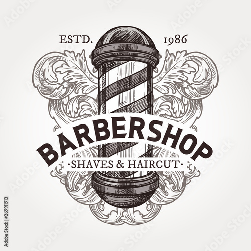 Barber shop vector sketch emblem. Engraving vintage label or badges with barbershop signboard, baroque decoration and typography