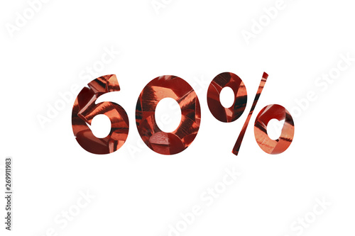 Number 60 cut out of red gift ribbon with percent sign