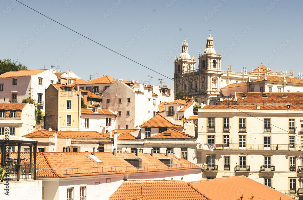 Beautiful view to Lisbon downtown architecture with red roofs