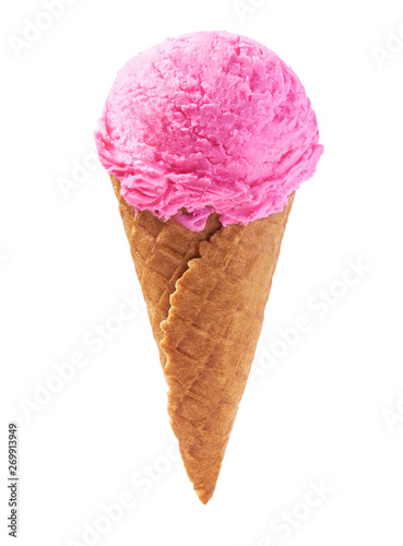 pink ice cream in waffle cone isolated on white background