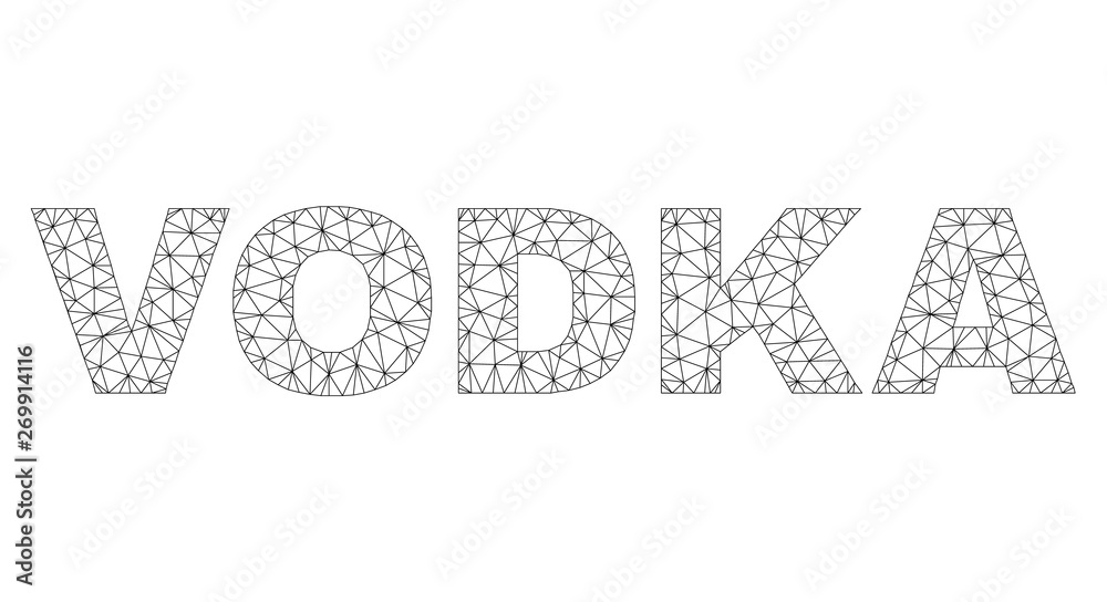 Mesh vector VODKA text. Abstract lines and spheric points form VODKA black carcass symbols. Wire carcass 2D triangular mesh in vector EPS format.