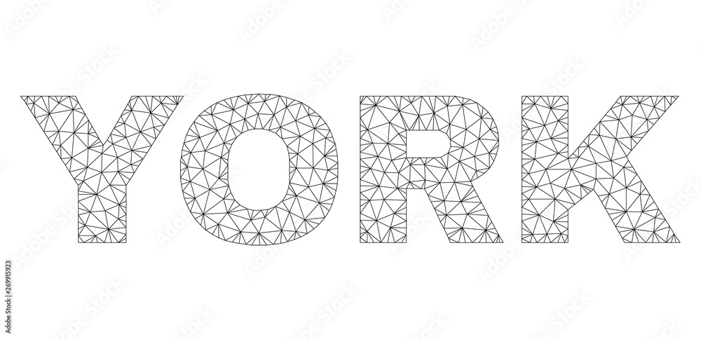 Mesh vector YORK text caption. Abstract lines and spheric points form YORK black carcass symbols. Linear carcass flat triangular mesh in vector EPS format.