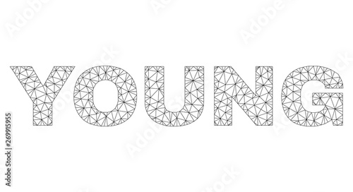 Mesh vector YOUNG text. Abstract lines and circle dots are organized into YOUNG black carcass symbols. Linear carcass flat polygonal mesh in eps vector format.