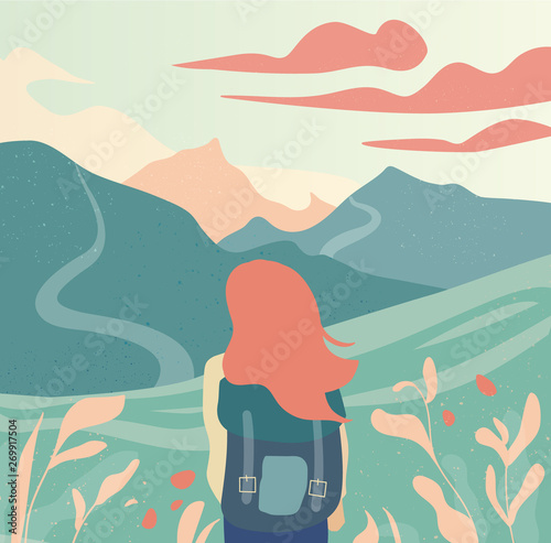 Girl and beautiful mountain landscape vector illustration.