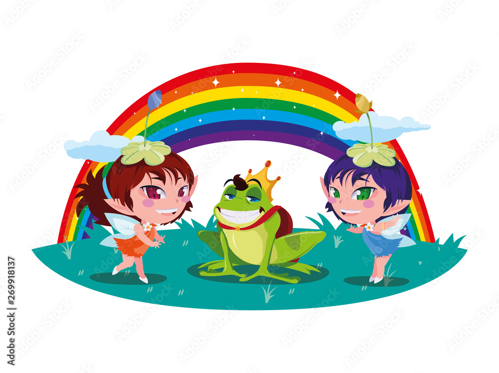 Fototapeta premium beautiful magic fairies with toad prince and rainbow scene