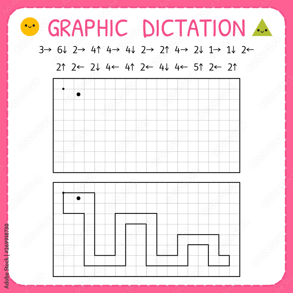 Graphic dictation. Snake. Kindergarten educational game for kids. Preschool worksheet for practicing motor skills. Working pages for children Graphic dictation. Snake. Kindergarten educational game for kids. Preschool worksheet for practicing motor skills. Working pages for children
