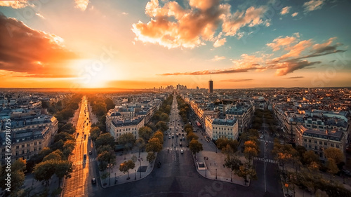 Sunset over Champs-Elysees and La Defense in Paris © Stockbym