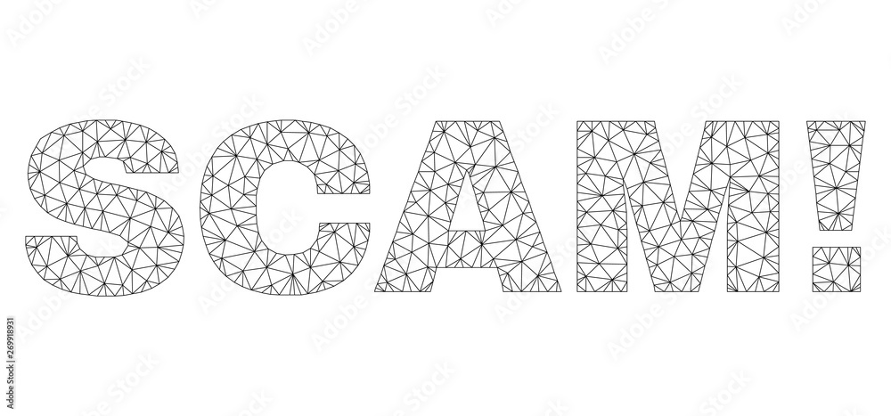 Mesh vector SCAM! text label. Abstract lines and points form SCAM! black carcass symbols. Wire carcass flat triangular mesh in vector format.