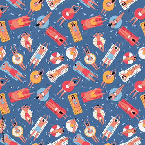 People in pool swimming with inflatable circles and mattresses seamless pattern. Flat vector illustration