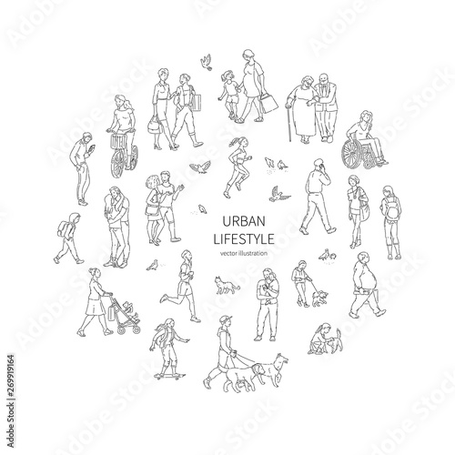 Vector walking urban crowd. Children and adults people pigeons and other characters in a circle line art style black white illustration background.