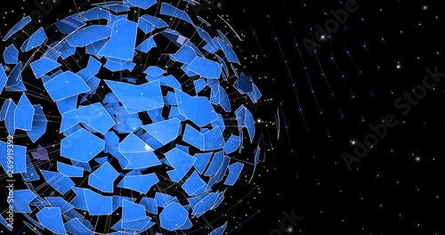 Illustration of innovative sphere of elements flying from the center. Render  of structure of polyhedral, lines, and particles in a planar 3D space.
