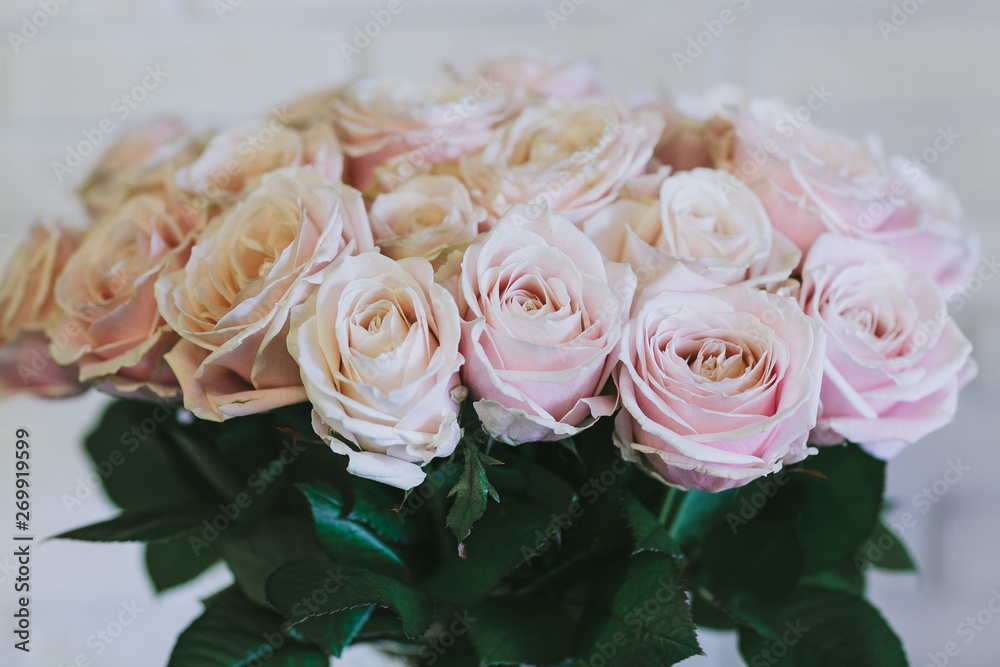 Fototapeta premium A bouquet of large pink roses close up