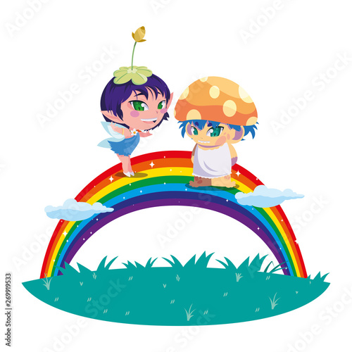 beautiful magic fairy and fungu elf with rainbow scene