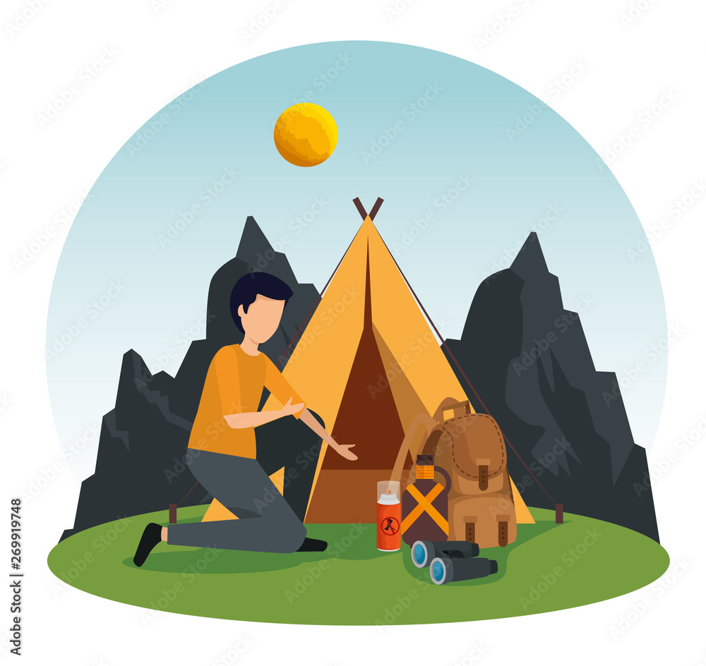 Fototapeta premium man with camp and backpack in the nature mountains