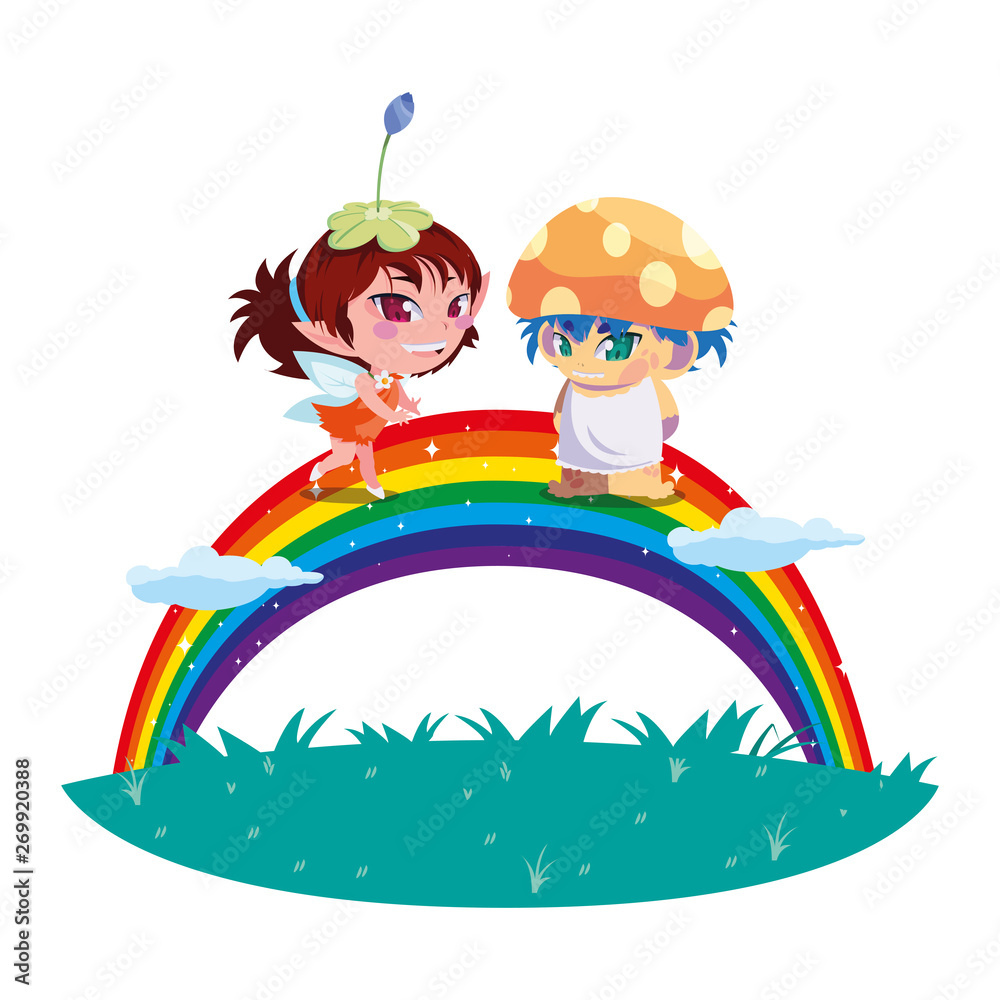 beautiful magic fairy and fungu elf with rainbow scene beautiful magic fairy and fungu elf with rainbow scene