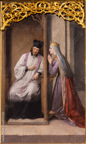 PRAGUE, CZECH REPUBLIC - OCTOBER 12, 2018: The painting of the saint John Nepomuk at confession of the queen in church Bazilika svatého Petra a Pavla na Vyšehrade by Josef Mathaus (1897).