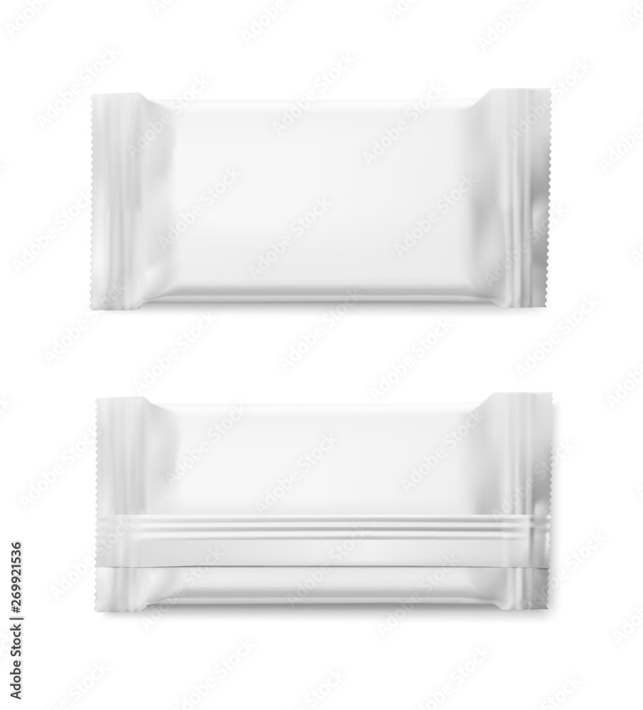 Realistic flow pack mockup. Front and rear view. Vector illustration isolated on white background. Easy to use for presentation your product, idea, design. EPS10. Realistic flow pack mockup. Front and rear view. Vector illustration isolated on white background. Easy to use for presentation your product, idea, design. EPS10.
