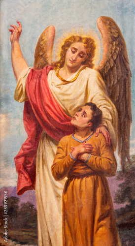 PALMA DE MALLORCA, SPAIN - JANUARY 28, 2019: The painting of Archangel Raphael and Tobias in church Iglesia Nuestra Sanora del Socorro