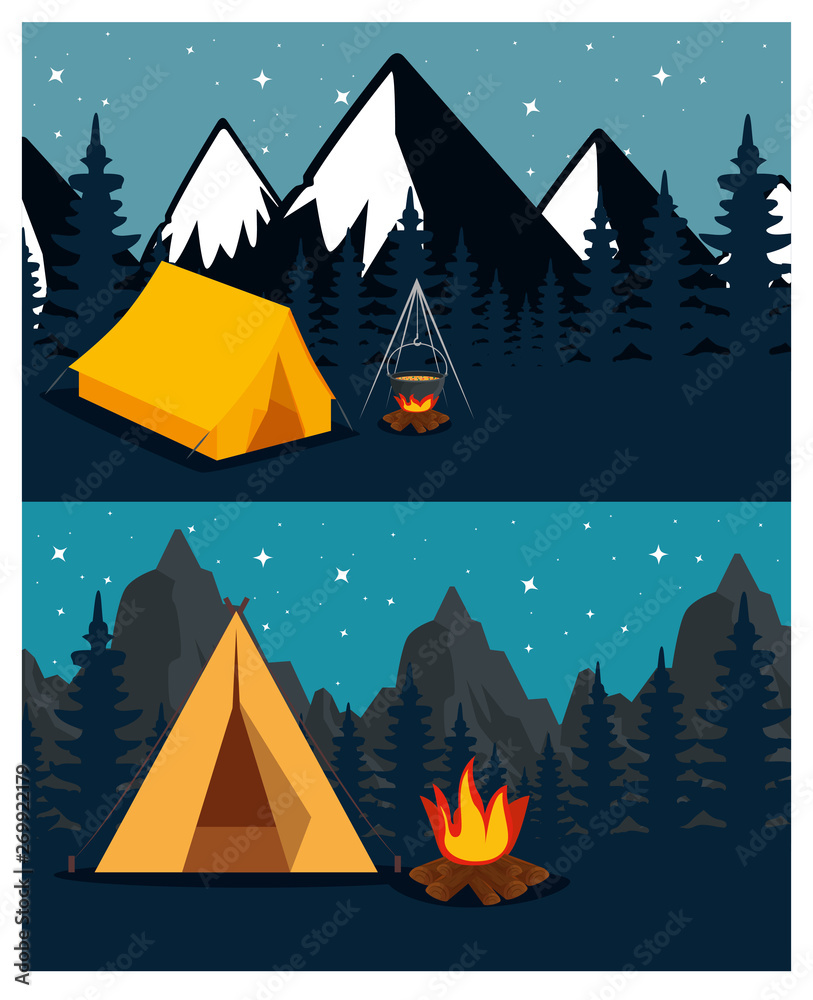 set of camp with firewood food and snowy mountains