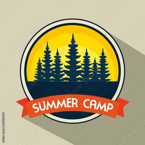 label with pines trees and ribbon to wanderlust adventure