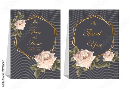 Floral card for invitation wedding and greeting cards with pink rose flower and gold frame -vector