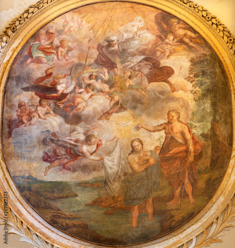 CATANIA, ITALY - APRIL 7, 2018: The fresco ot The Batptism of Jesus in Cattedrale di Sant'Agata by Giovanni Tusccari (1667 - 1743).